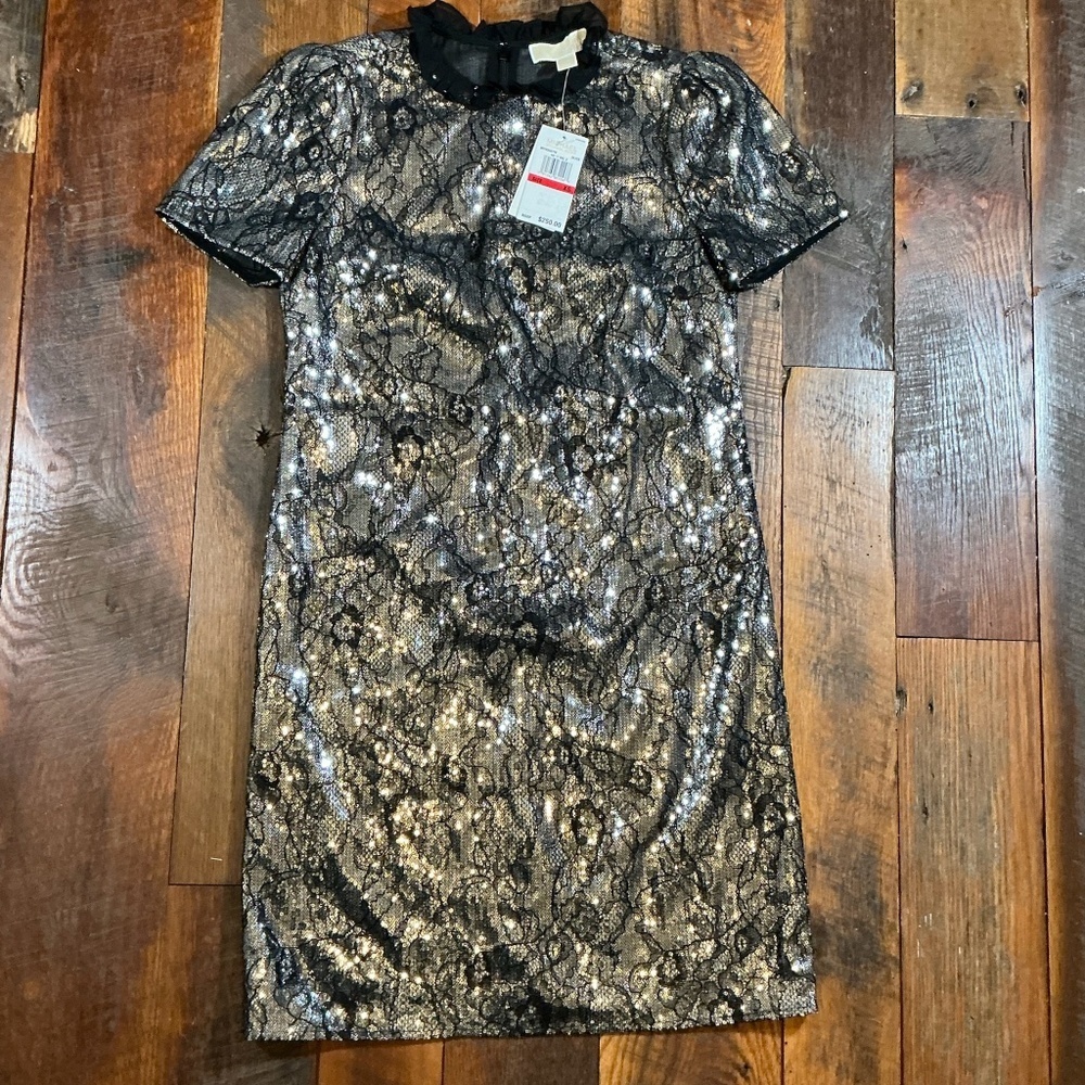 Michael Kors Metallic Lace Sequin Dress Silver/Black XS NWT